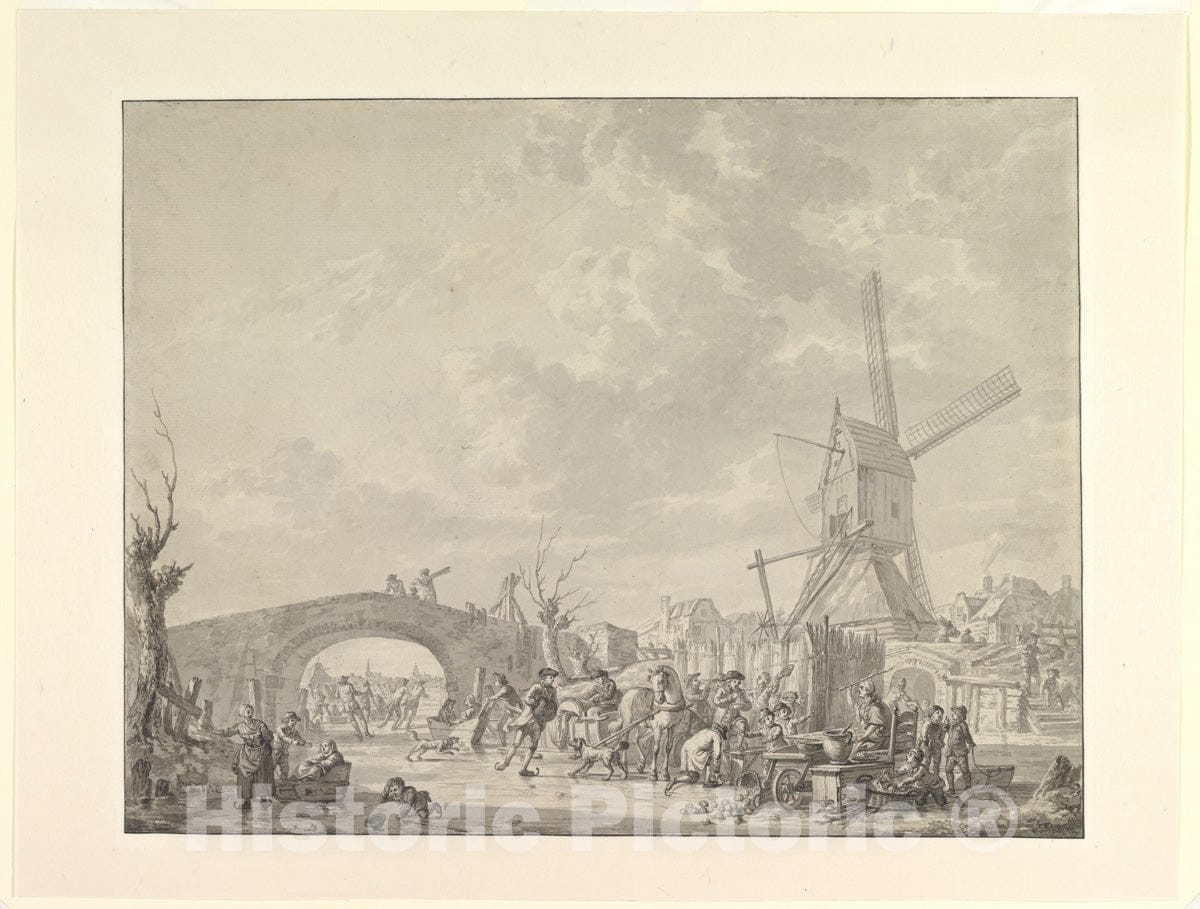 Art Print : Abraham Van Strij - Winter Landscape with Skaters and Sledges on The Ice, a Bridge and a Mill Behind : Vintage Wall Art