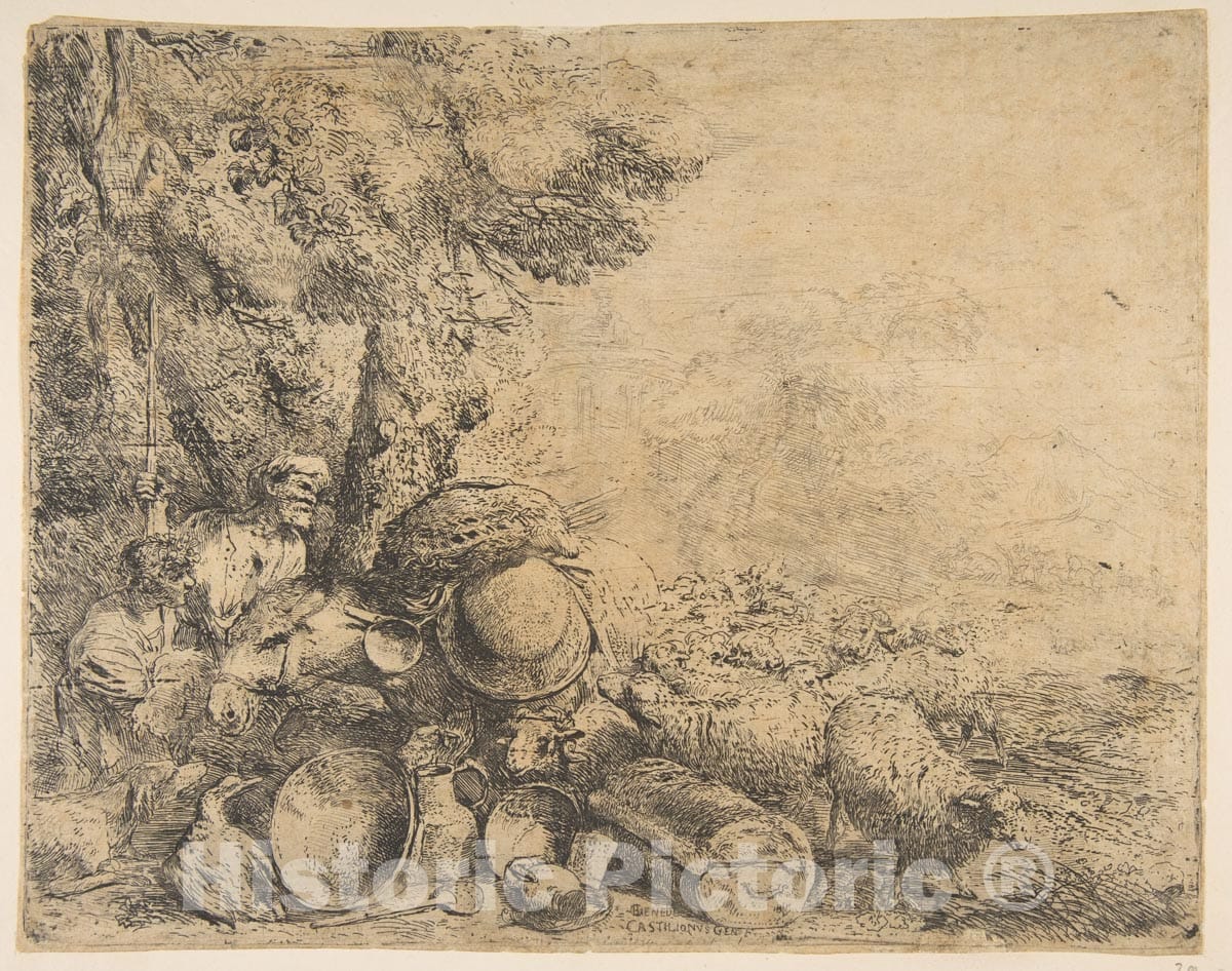 Art Print : Giovanni Benedetto Castiglione (Il Grechetto) - Two Shepherds with a Donkey 1 : Vintage Wall Art