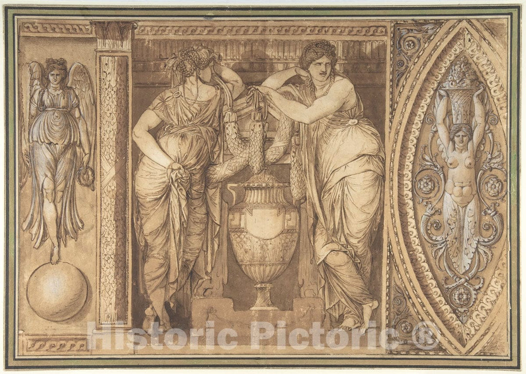 Art Print : Giuseppe Cades - Design for a Frieze with Two Women Flanking an Urn : Vintage Wall Art