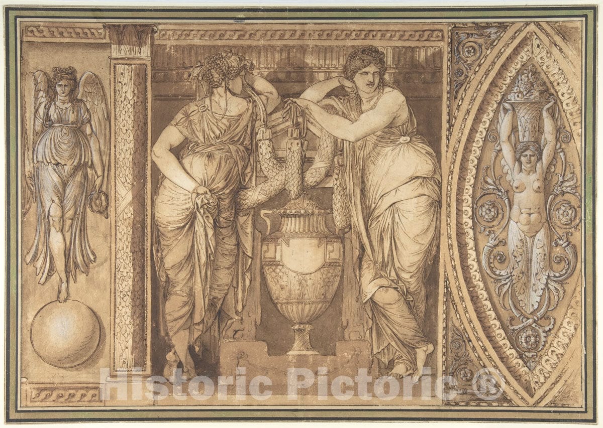 Art Print : Giuseppe Cades - Design for a Frieze with Two Women Flanking an Urn : Vintage Wall Art