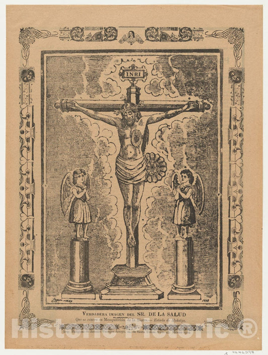 Art Print : Anonymous - Broadsheet with Christ in The Cross flanked by Two Angels : Vintage Wall Art