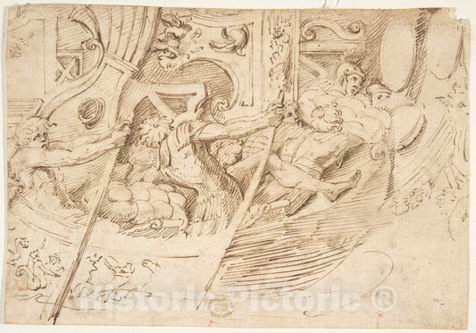 Art Print : Italian, 16th Century - Ancient Naval Battle (Recto); Park with Monuments (Verso) : Vintage Wall Art