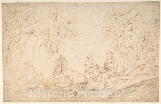 Art Print : Antonio del Castillo y Saavedra - Four Figures Conversing in a Landscape : Vintage Wall Art