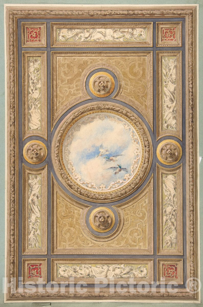Art Print : Jules-Edmond-Charles Lachaise - Design for a Carved and Painted Ceiling with Clouds and Ducks in The Central Circular Panel : Vintage Wall Art