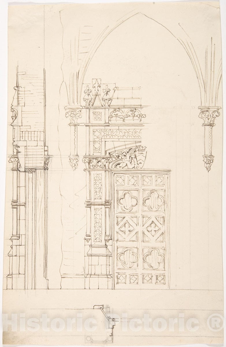 Art Print : British, 19th Century - Design for a Gothic Wall and Door : Vintage Wall Art