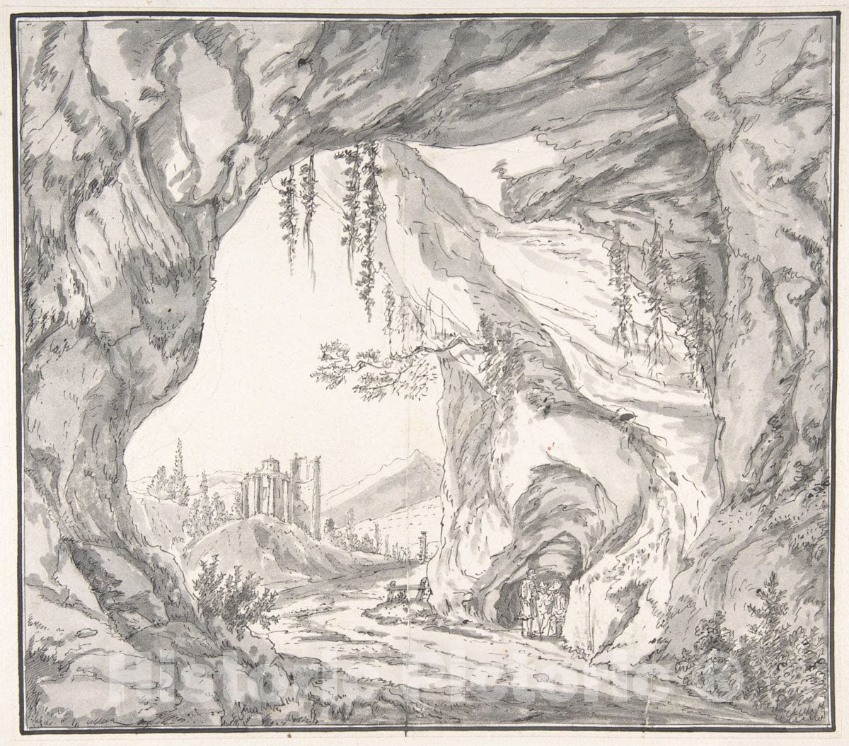 Art Print : Johann Caspar Huber - Mountainous Landscape with Ruins of a Castle and Three Men in a Cave, Seen Through a Stone Gate : Vintage Wall Art