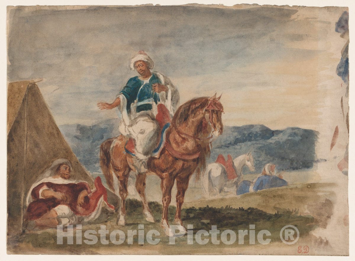 Art Print : Eugène Delacroix - Three Arab Horsemen at an Encampment : Vintage Wall Art