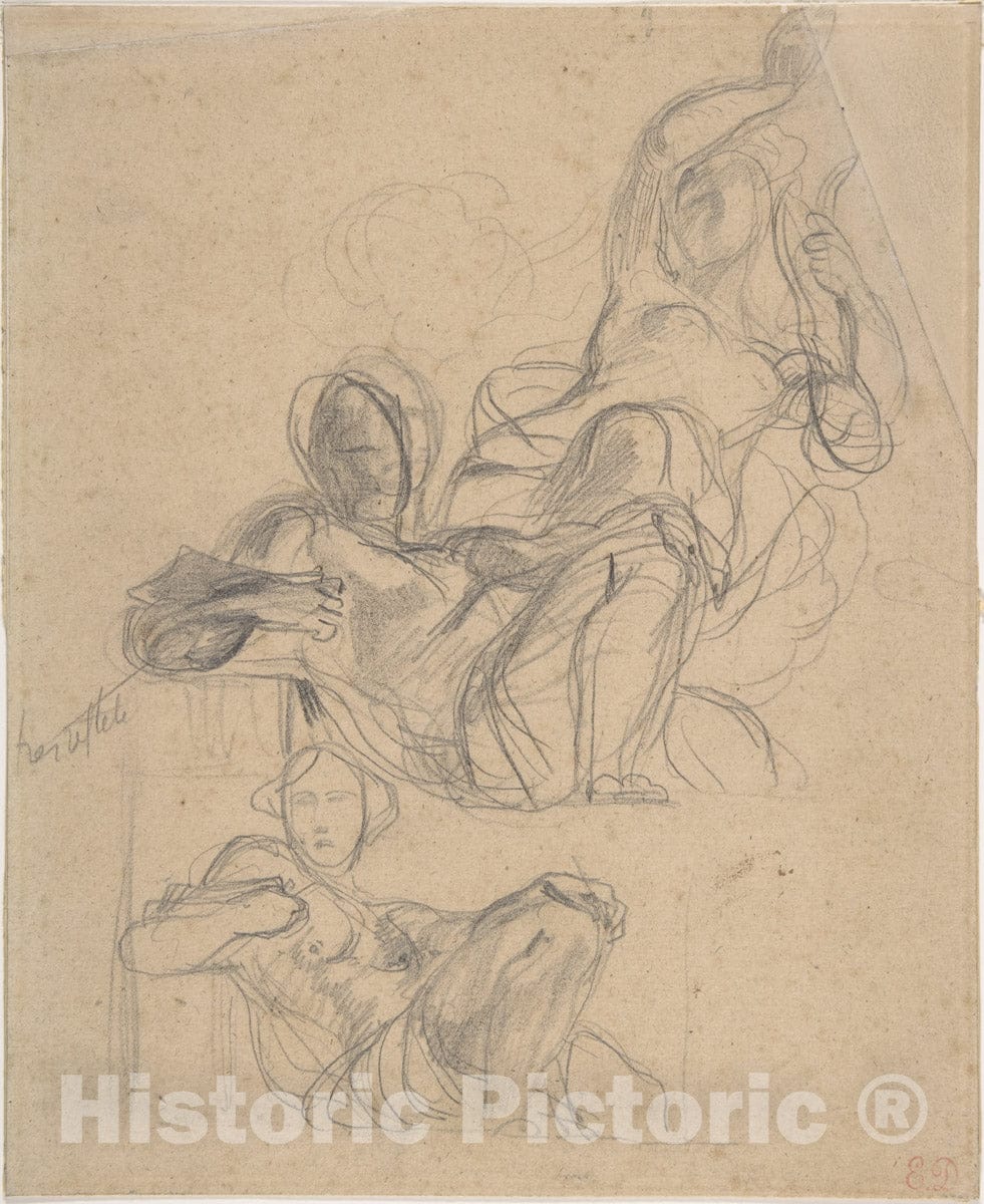 Art Print : Eugène Delacroix - Sheet of Figure Studies: Two Studies of a Reclining Figure, and a Seated Figure Holding a Lyre (?). : Vintage Wall Art