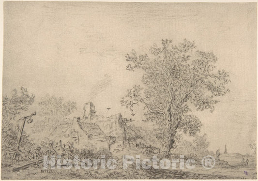 Art Print : Pieter de Molijn - Landscape with Cottages and a Figure by a cart : Vintage Wall Art