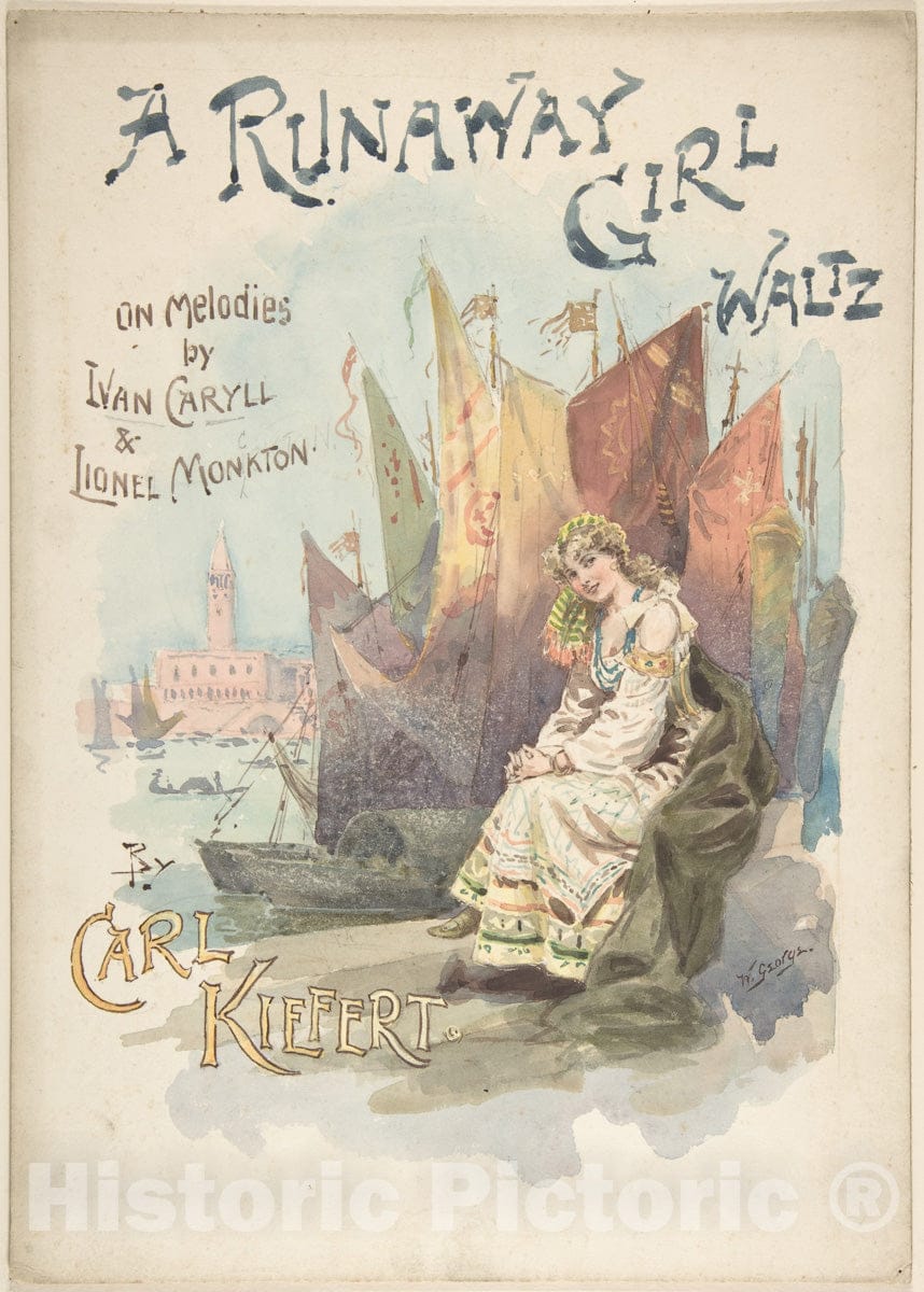 Art Print : W. George - Design for Music Cover: A Runaway Girl Waltz : Vintage Wall Art