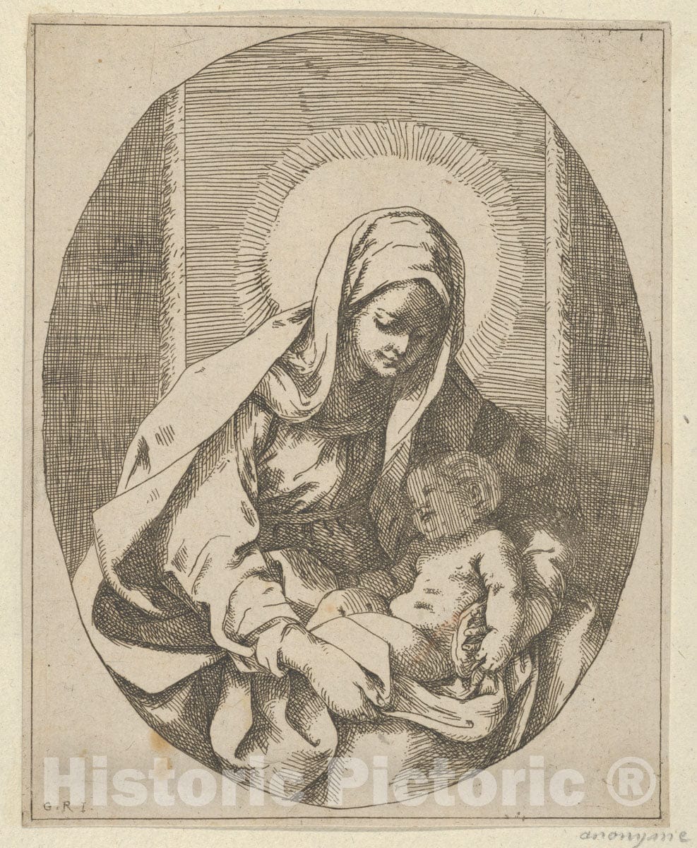 Art Print : School of Guido Reni - The Virgin Holding The Infant Christ on her Lap, an Oval Composition, After Reni : Vintage Wall Art
