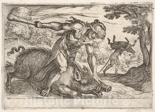 Art Print : Hercules and The Boar of Erymanthus - Artist: Antonio Tempesta - Created: 1608 : Vintage Wall Art