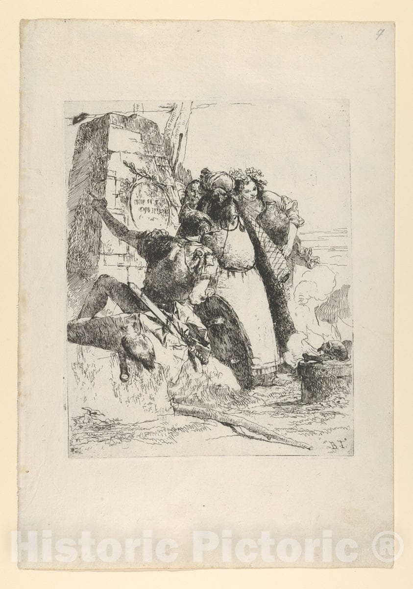 Art Print : Giovanni Battista Tiepolo - A Magician, a Soldier and Three Figures Watching a Burning Skull from The Scherzi di Fantasia : Vintage Wall Art