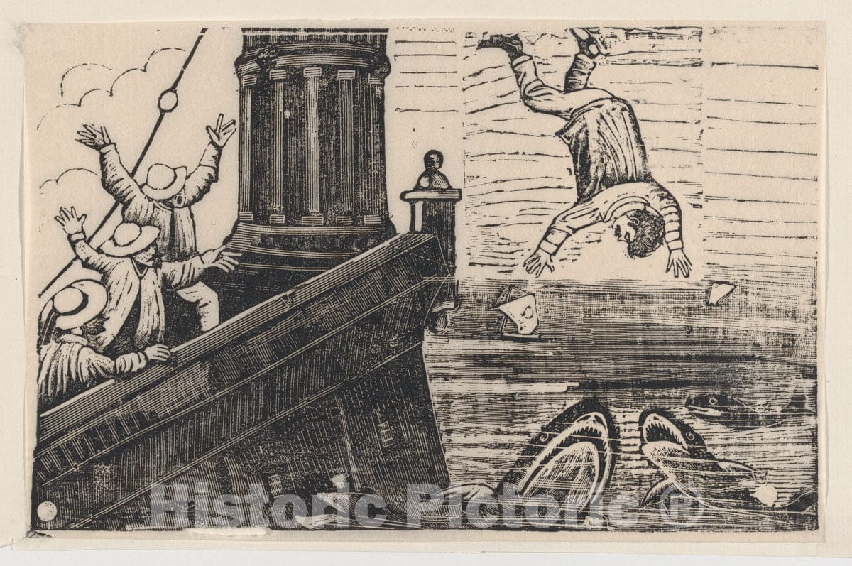 Art Print : José Guadalupe Posada - A Man Being Thrown to The Sharks, from a Broadside Entitled 'Triste Fin de Gerardo Nevraumont' : Vintage Wall Art