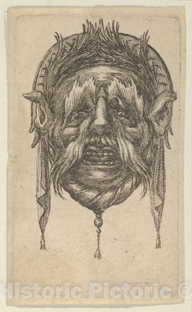 Art Print : François Chauveau - Mask with Long Eyebrows and Mustache and a Headdress with Dangling Cloth, from Divers Masques : Vintage Wall Art