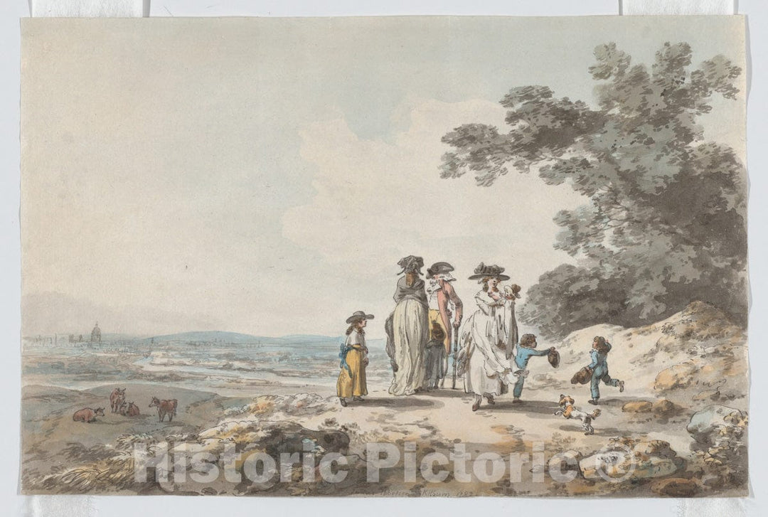 Art Print : Julius Caesar Ibbetson - View of London with St. Paul’s in The Distance: A Family Pausing on a Road : Vintage Wall Art
