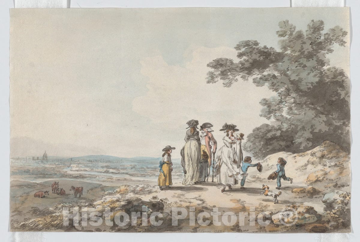 Art Print : Julius Caesar Ibbetson - View of London with St. Paul’s in The Distance: A Family Pausing on a Road : Vintage Wall Art