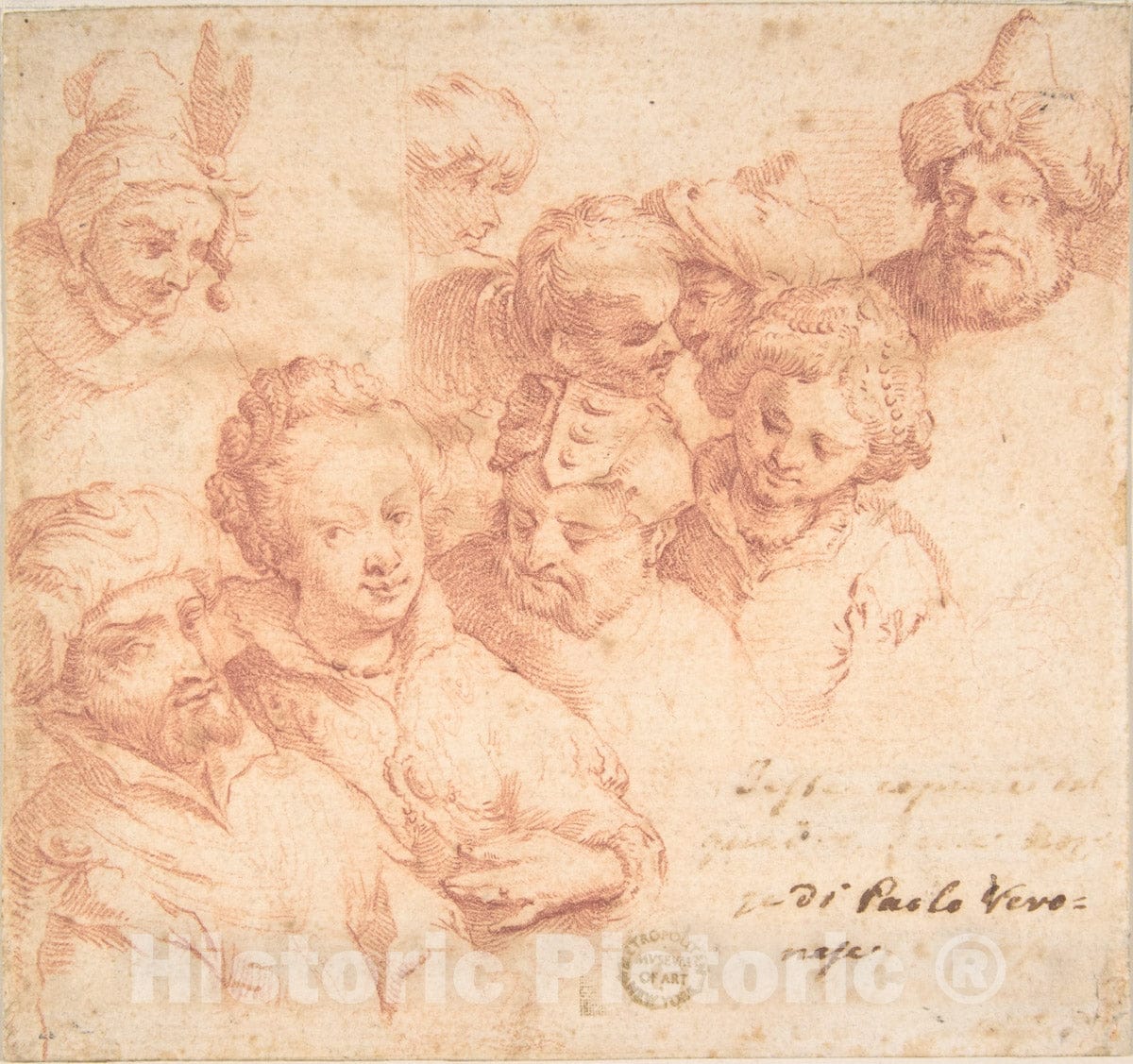 Art Print : Italian, Roman-Bolognese, 17th Century - Nine Heads After Paolo Veronese : Vintage Wall Art