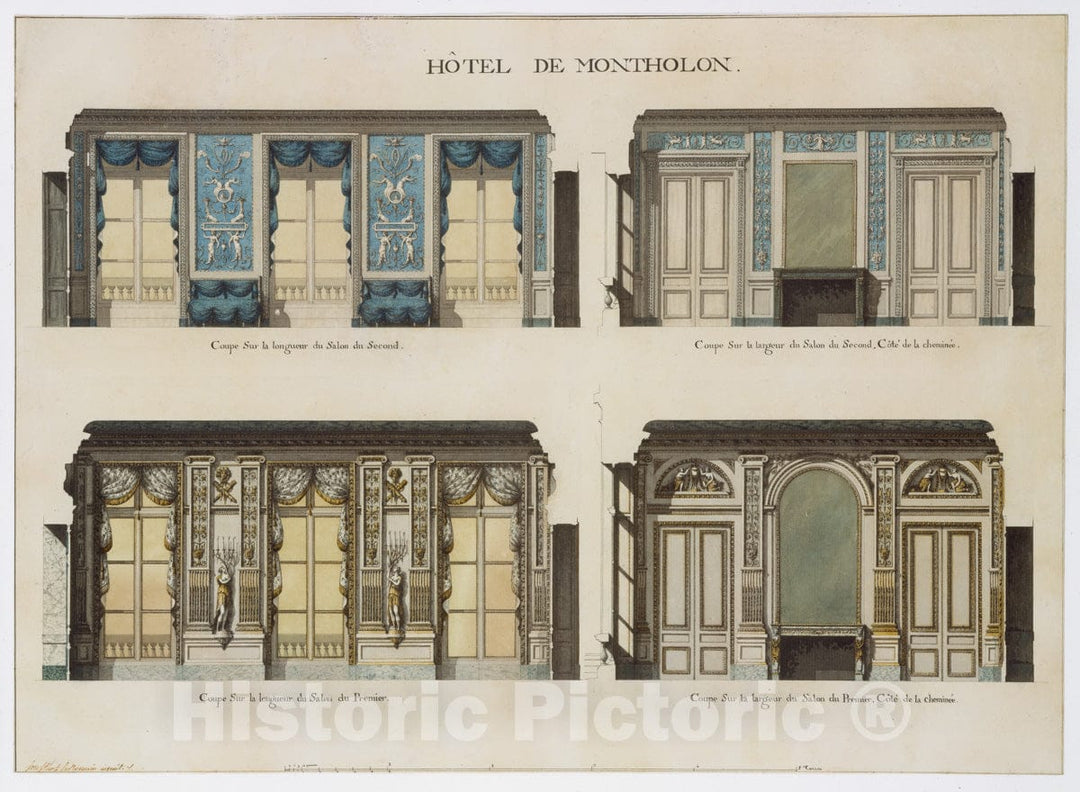 Art Print : Jean Jacques Lequeu - Longitudinal and Cross Sections of The Salons of The Hôtel de Montholon : Vintage Wall Art