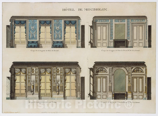 Art Print : Jean Jacques Lequeu - Longitudinal and Cross Sections of The Salons of The Hôtel de Montholon : Vintage Wall Art