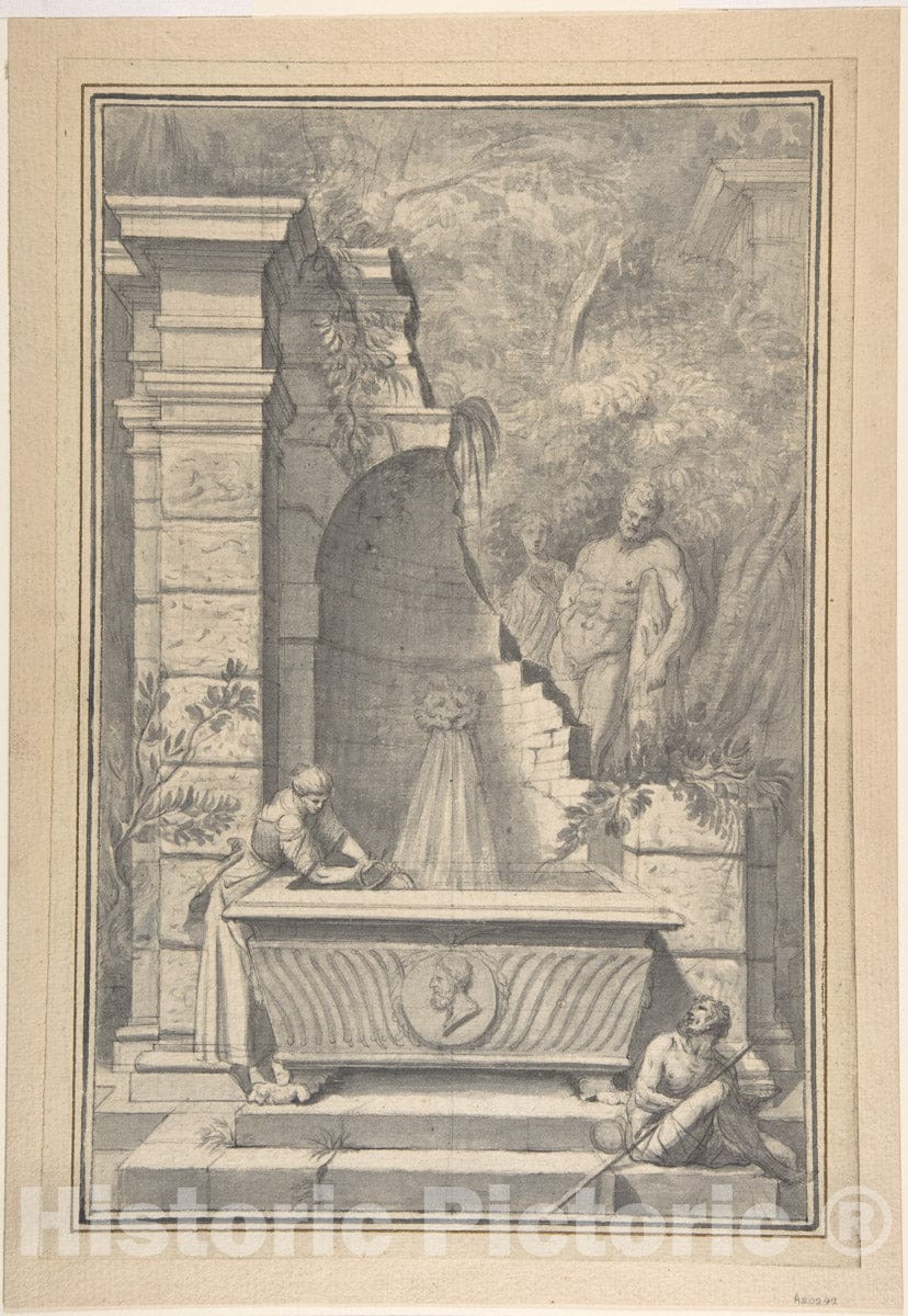 Art Print : Johannes Antiquus - A Woman at a Fountain by a Ruined Temple, The Farnese Hercules in The Background : Vintage Wall Art