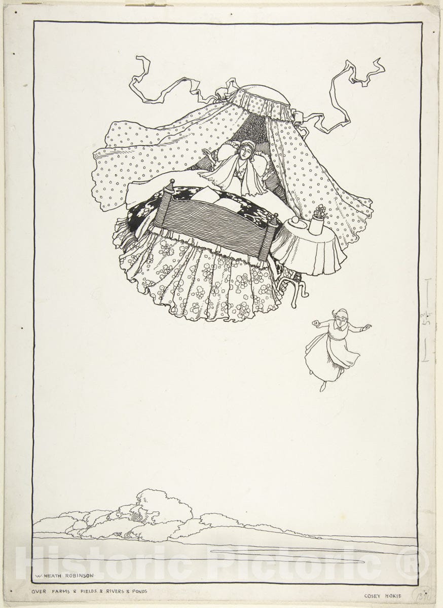 Art Print : William Heath Robinson - Over Farms and Fields and Rivers and Ponds: Cosey Hokie, Topsy-Turvy Tales : Vintage Wall Art