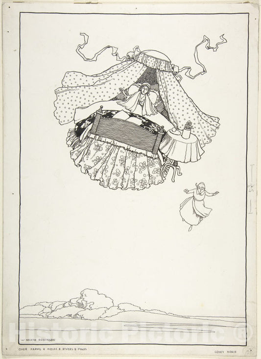 Art Print : William Heath Robinson - Over Farms and Fields and Rivers and Ponds: Cosey Hokie, Topsy-Turvy Tales : Vintage Wall Art