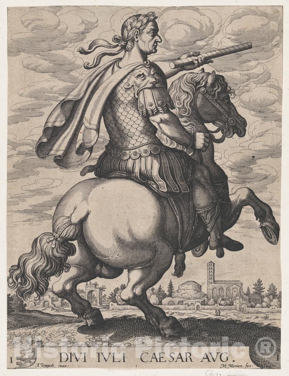 Art Print : Matthäus Merian The Elder - Plate 1: Emperor Julius Caesar on Horseback, from ' The First Twelve Roman Caesars', After Tempesta : Vintage Wall Art