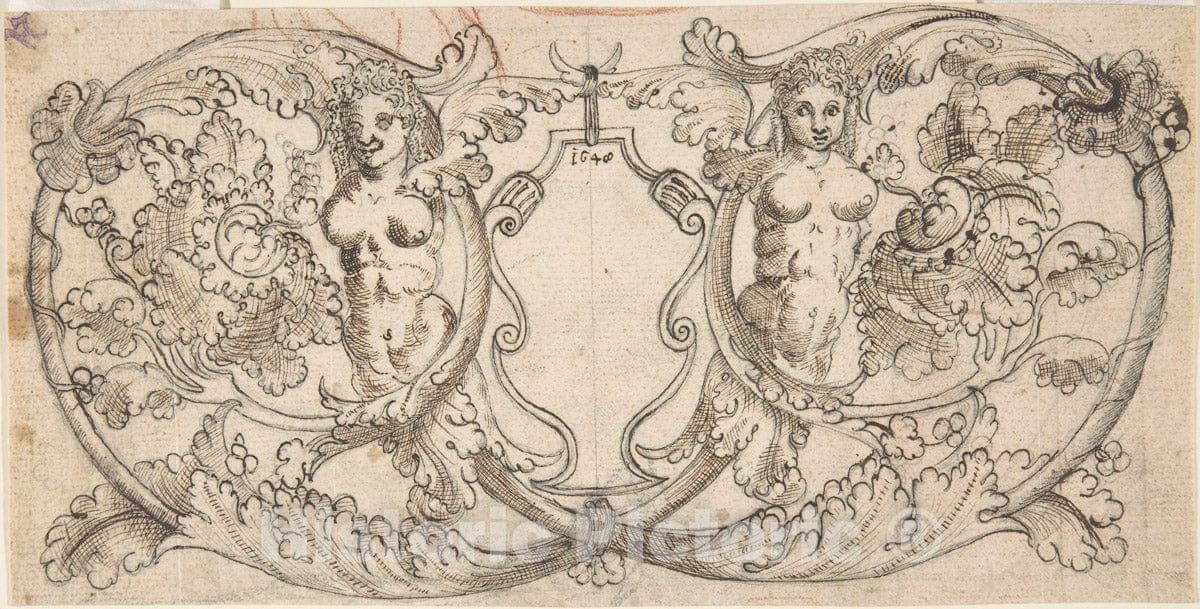 Art Print : German, 17th Century - Design for a Cartouche with Acanthus Scrolls from which Female Figures Emerge : Vintage Wall Art