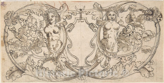 Art Print : German, 17th Century - Design for a Cartouche with Acanthus Scrolls from which Female Figures Emerge : Vintage Wall Art