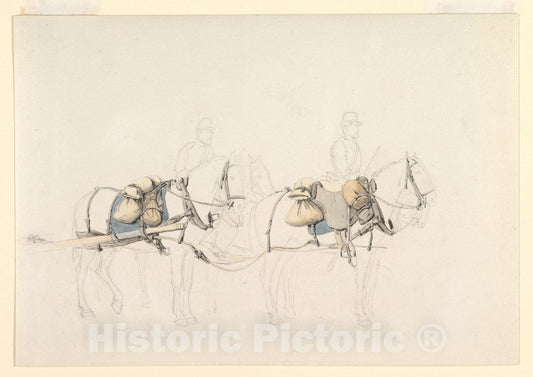 Art Print : Jörgen Valentin Sonne - Studies of Four Horses with Two Horsemen : Vintage Wall Art