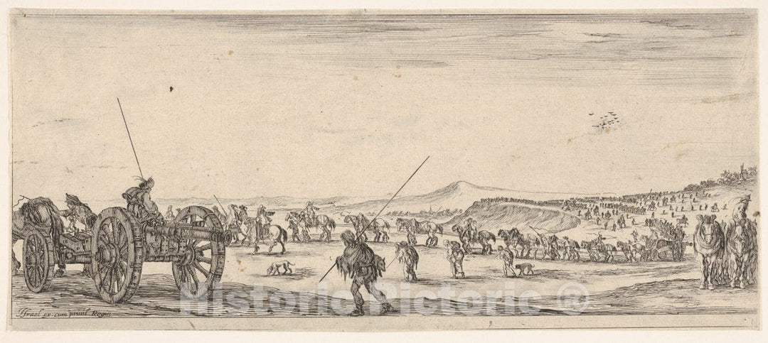 Art Print : A Procession of Horsemen and Cannons in The Middle Ground Walking to The Left - Artist: Stefano Della Bella - Created: c1638 : Vintage Wall Art