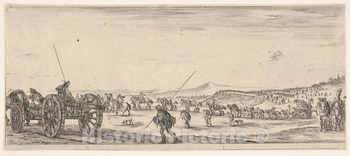 Art Print : A Procession of Horsemen and Cannons in The Middle Ground Walking to The Left - Artist: Stefano Della Bella - Created: c1638 : Vintage Wall Art