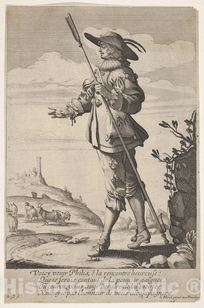 Art Print : Abraham Bosse - A Shepherd Holding a Crook in his Left Hand and Walking with a Hill, a Town and Goats in The Distance at Left : Vintage Wall Art