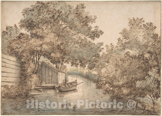Art Print : Anthonie Van Borssom - Canal with a Boat and Ducks : Vintage Wall Art