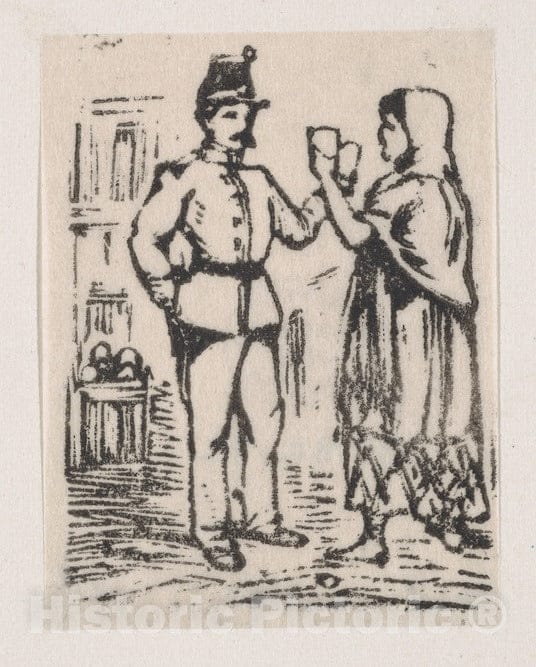 Art Print : José Guadalupe Posada - A Man in Uniform and a Woman in a Shawl and Skirt Raising Their Glasses to one Another : Vintage Wall Art