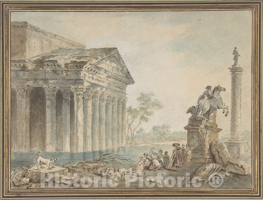 Art Print : After Hubert Robert - Architectural Capriccio with Roman Monuments and Washerwomen : Vintage Wall Art