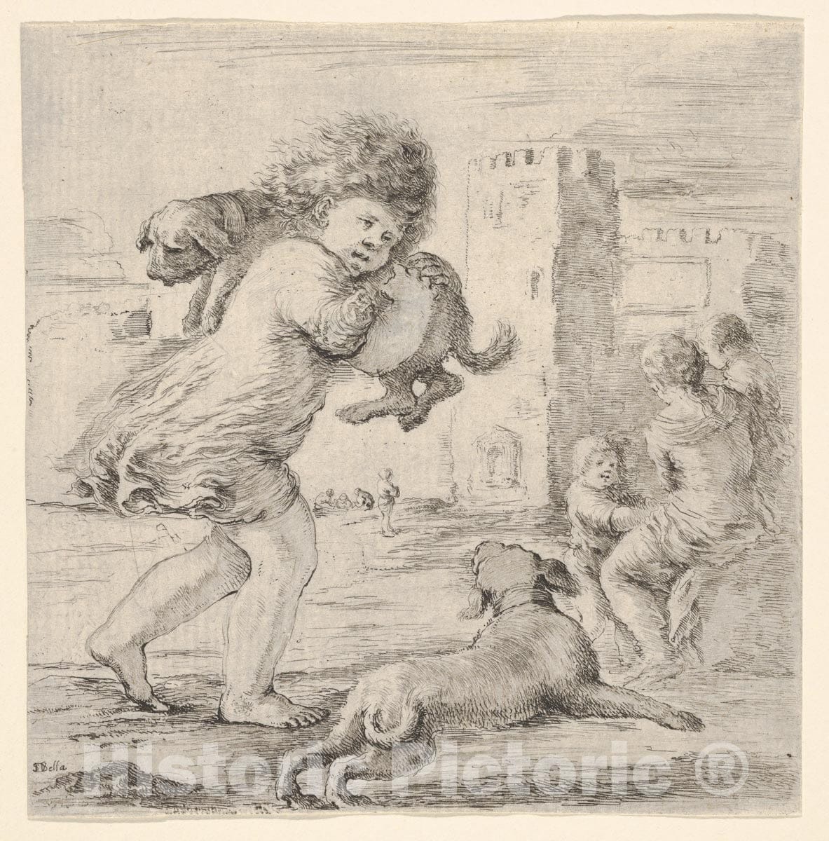 Art Print : Child Carrying a Dog Over his Shoulder - Artist: Stefano Della Bella - Created: c1660 : Vintage Wall Art