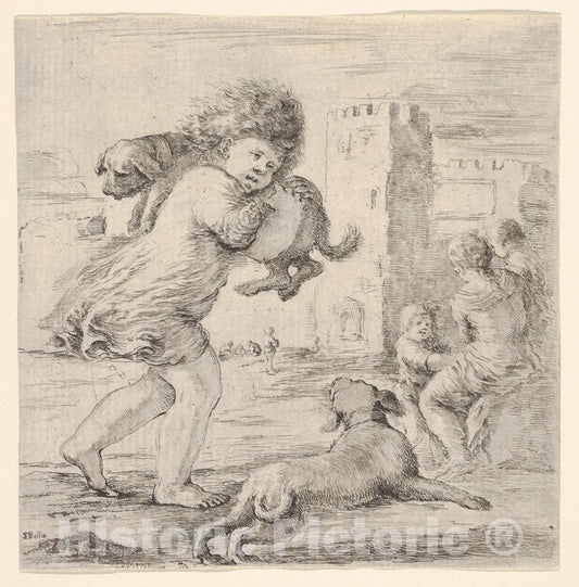 Art Print : Child Carrying a Dog Over his Shoulder - Artist: Stefano Della Bella - Created: c1660 : Vintage Wall Art