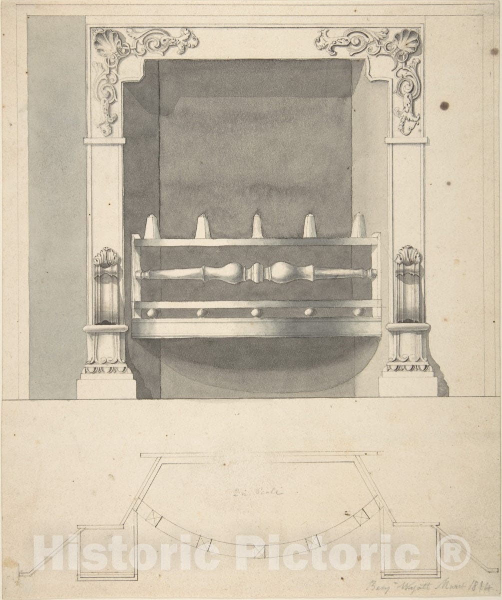 Art Print : Benjamin Dean Wyatt - Design for a Cast-Iron Hob Grate in Ormolu : Vintage Wall Art