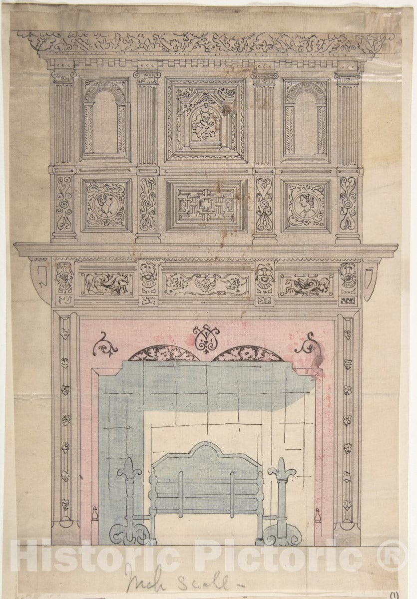 Art Print : British, 19th Century - Design for Fireplace and Grate : Vintage Wall Art