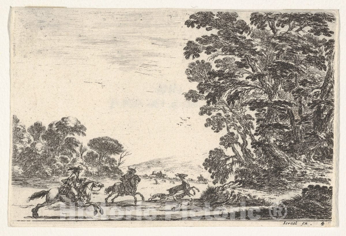 Art Print : Plate 4: a Deer Hunt - Artist: Stefano Della Bella - Created: 1642 2 : Vintage Wall Art