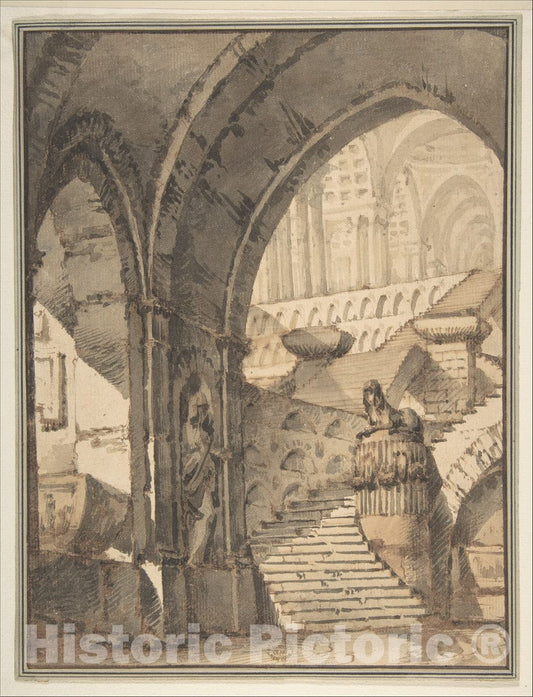 Art Print : Mauro Berti - Framed Design for a Stage Set with Arches, Stairs, Human Figure and Sphinx Statue. : Vintage Wall Art