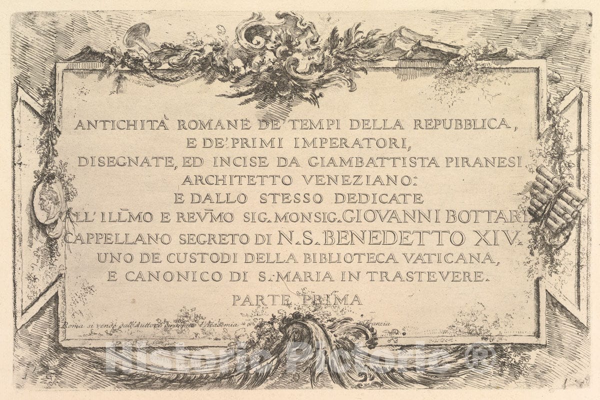 Art Print : Title Page: Roman Antiquity of The Time of The Republic and The First Emperors - Artist: Giovanni Battista Piranesi - Created: c1748 : Vintage Wall Art