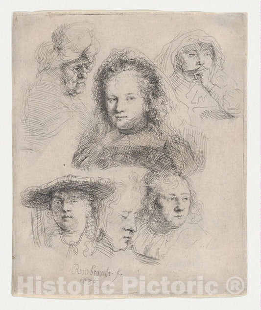 Art Print : Rembrandt (Rembrandt Van Rijn) - Studies of The Heads of Saskia and Others : Vintage Wall Art