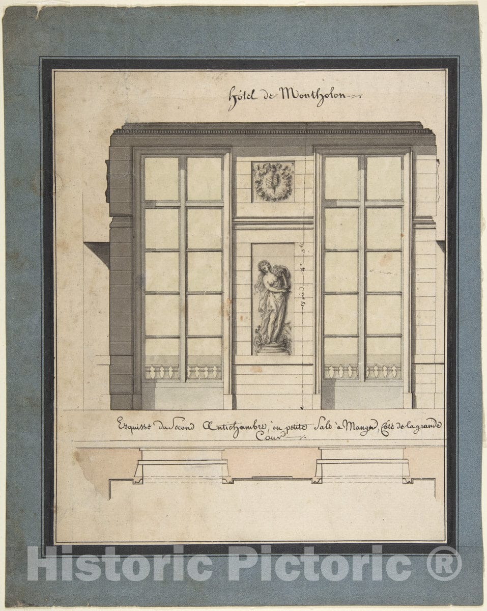 Art Print : Jean Jacques Lequeu - Section and Plan of The Small Dining Room of The Hôtel de Montholon 2 : Vintage Wall Art