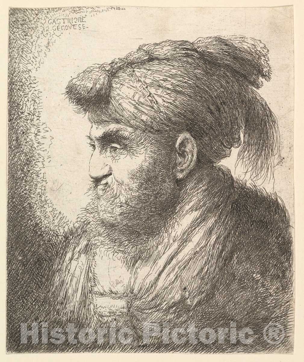 Art Print : Giovanni Benedetto Castiglione (Il Grechetto) - A bearded man wearing a tasseled headdress facing left, from the series 'Heads in Oriental Headdress' : Vintage Wall Art