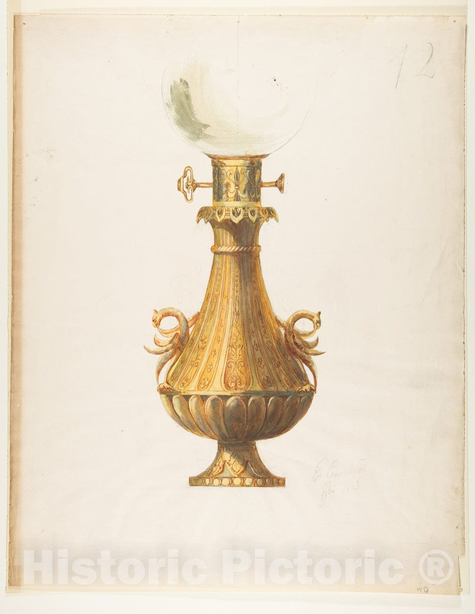 Art Print : Guérard - Design for a Gas Lamp with Gilt Base and Glass Globe : Vintage Wall Art