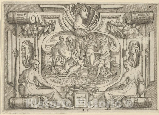 Art Print : Battista Angolo del Moro - A Man and Woman offering a Platter of Coins to a King Seated on a Throne, Set Within an Elaborate Frame : Vintage Wall Art