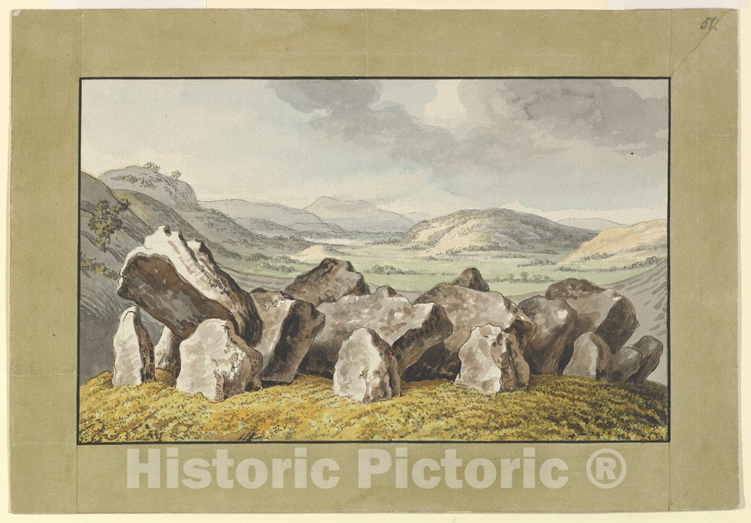 Art Print : Johann Heinrich Wilhelm Tischbein - A Prehistoric Stone Circle on a Mound, an Extensive Landscape Beyond 1 : Vintage Wall Art